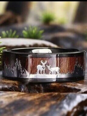 NEW Mens Black Stainless Steel Wedding Band With Wood Inlay, Deer And Tree Scene